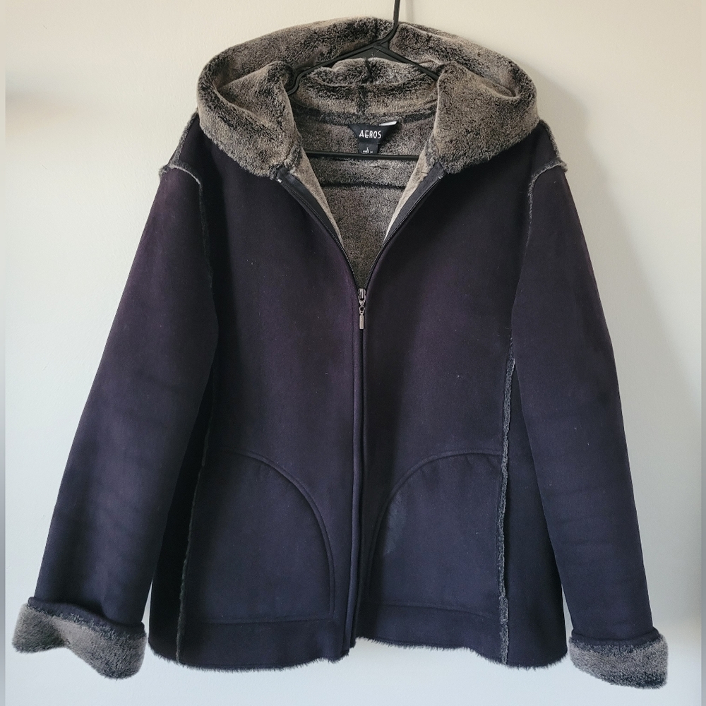 Aeros Women's Black Hooded Jacket/ Faux Fur/Acrylic Lined/Trim Lightweight Large